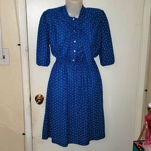 Vintage Dress Blue collared bow half sleeve lightweight floral grannycore